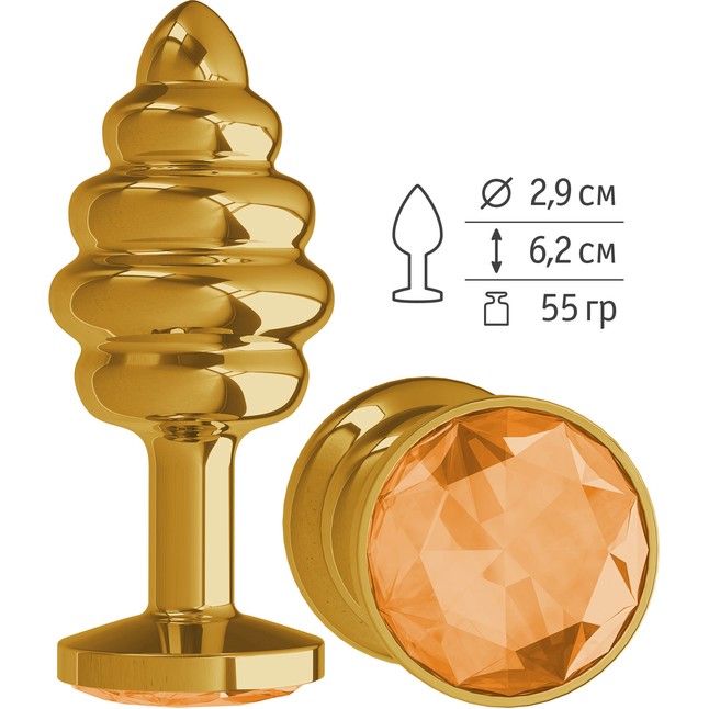 Золотистая пробка с рёбрышками и оранжевым кристаллом - 7 см - Анальные втулки с кристаллом