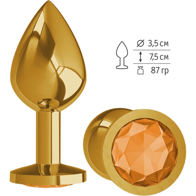 Золотистая средняя пробка с оранжевым кристаллом - 8,5 см - Анальные втулки с кристаллом