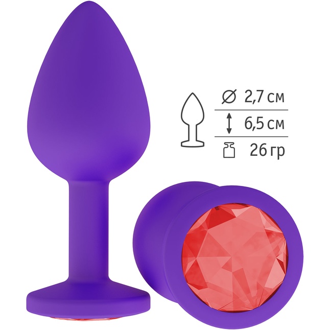 Фиолетовая силиконовая пробка с красным кристаллом - 7,3 см - Анальные втулки с кристаллом