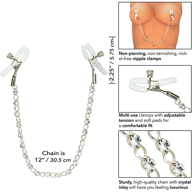Зажимы на соски с серебристой цепочкой и кристаллами Crystal Chain Nipple Clamps - Nipple Play. Фотография 2.
