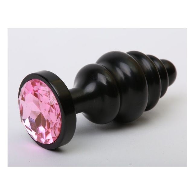 Черная фигурная анальная пробка с розовым кристаллом - 8,2 см