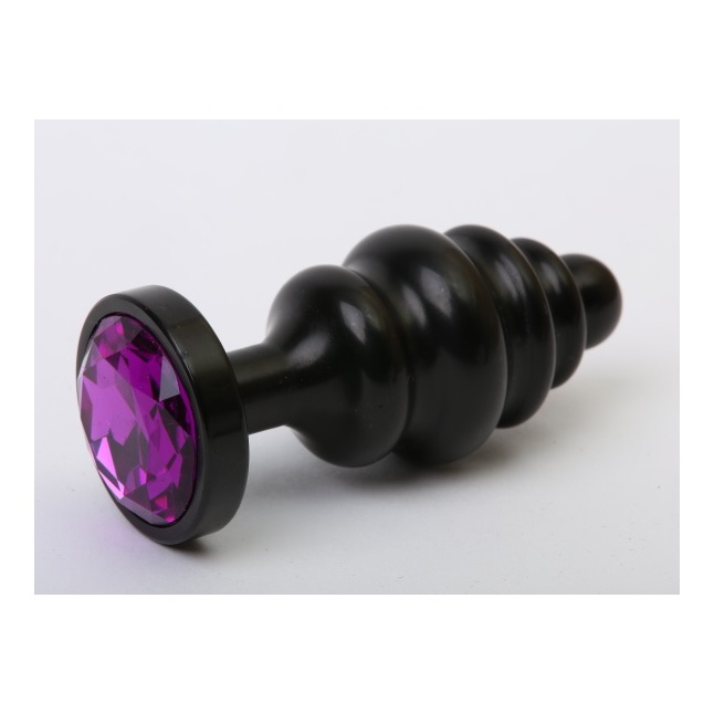 Черная фигурная анальная пробка с фиолетовым кристаллом - 8,2 см