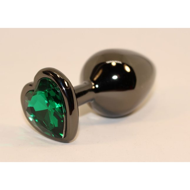 Черная коническая анальная пробка с зеленым кристаллом-сердечком - 8 см