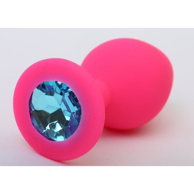 Розовая силиконовая анальная пробка с голубым стразом - 9,5 см