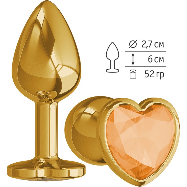 Золотистая анальная втулка с оранжевым кристаллом-сердцем - 7 см - Анальные втулки с кристаллом