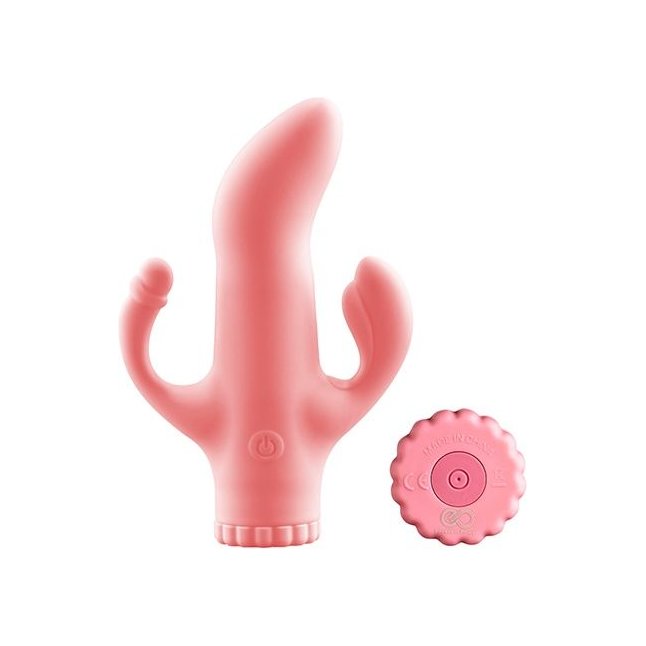 Розовый вибратор с клиторальным и анальным отростками - 15,2 см