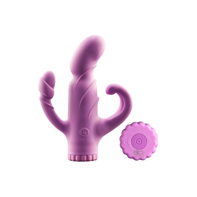 Фиолетовый вибратор с клиторальным и анальным отростками - 15,2 см