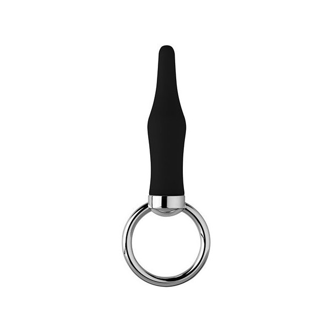 Черная коническая анальная пробка с кольцом - 8 см