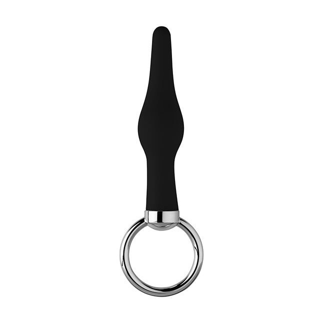 Черная коническая анальная пробка с кольцом - 9 см