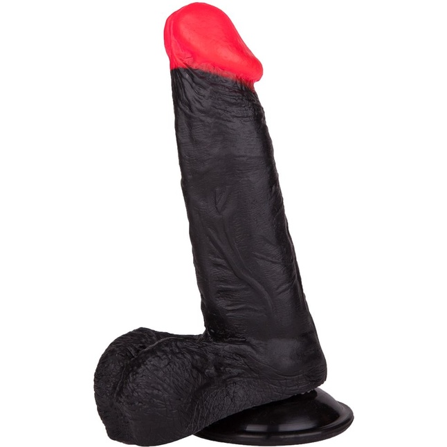Чёрный фаллоимитатор с красной головкой - 18,5 см. Фотография 3.