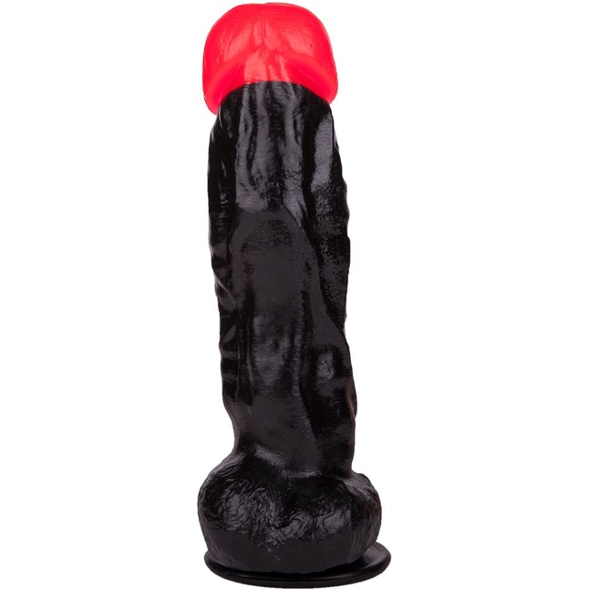 Чёрный фаллоимитатор с красной головкой - 20 см. Фотография 4.
