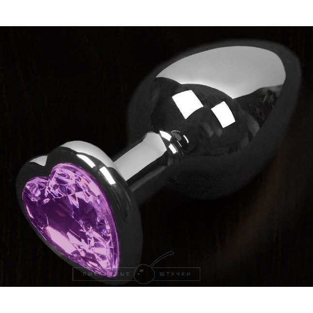 Серая анальная пробка с фиолетовым кристаллом в виде сердечка - 6 см