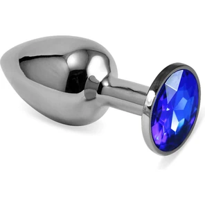  Серебристая анальная пробка Silver Small с гладкой поверхностью и синим кристаллом 7,6 см 