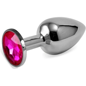  Серебристая гладкая анальная пробка с розовым кристаллом 7,5 см 