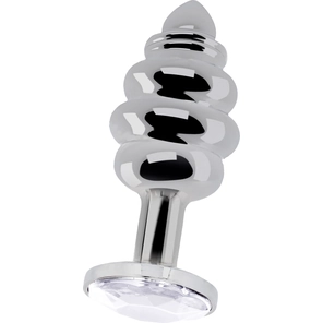  Серебристая анальная пробка с прозрачным кристаллом Ribbed Diamond Plug 7,3 см 