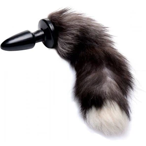 Черная анальная пробка с серым лисьим хвостом Grey Fox Tail Anal Plug 