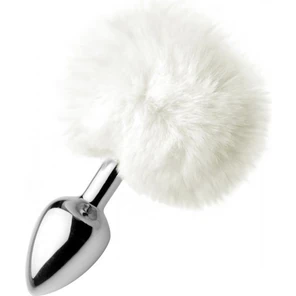 Металлическая анальная пробка с белым заячьим хвостиком White Fluffy Bunny Tail Anal Plug 