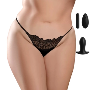  Черные трусики Remote Lace Peek-a-Boo XL-XXL с вибрацией и анальным стимулятором 