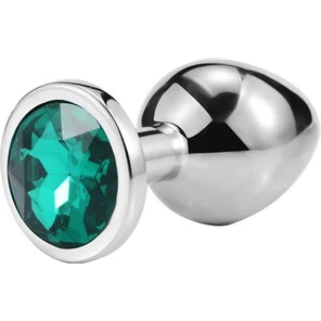  Серебристая анальная пробка iWonder c изумрудным кристаллом 7,2 см 