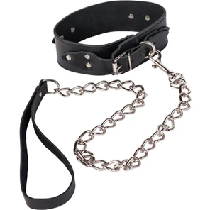  Чёрный кожаный ошейник Leather Collar с металлической цепью 
