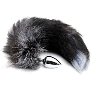  Серебристая анальная пробка с темным лисьим хвостом Black White Fox Tail Size M 