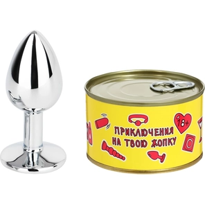  Серебристая анальная пробка «Приключения на твою жопку» в консервной банке 