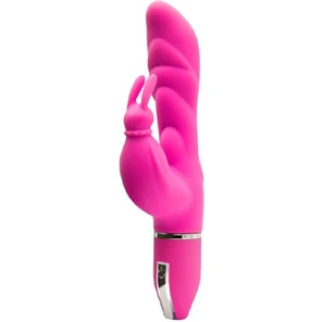  Розовый вибратор с клиторальным зайчиком PURRFECT SILICONE DELUXE DUO VIBE PINK 18 см 