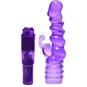  Фиолетовая виброракета с насадкой-кроликом Ribbed Rabbit Vibrator 21,6 см 