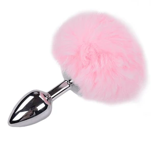  Серебристая анальная втулка с розовым хвостиком Alive Metal Anal Fluffly Plug S 