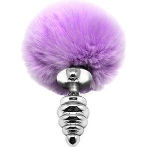  Серебристая анальная пробка с сиреневым помпоном Metal Anal Fluffly Twist Plug S 