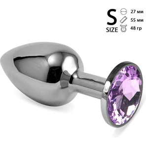  Серебристая анальная пробка с сиреневым кристаллом размера S 6,8 см 
