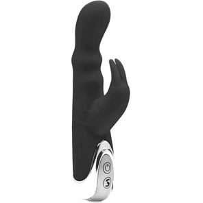  Чёрный вибратор Silicone Bunny с клиторальным отростком 16,5 см 