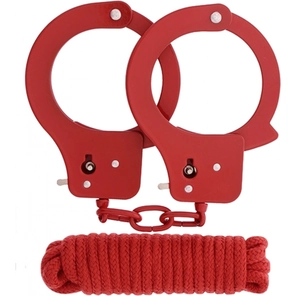  Красные наручники из листового металла в комплекте с веревкой BONDX METAL CUFFS LOVE ROPE SET 