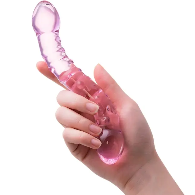 Двусторонний розовый фаллос с рёбрами и точками - 20,5 см - Sexus Glass. Фотография 2.