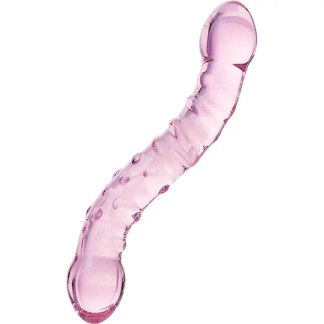 Двусторонний розовый фаллос с рёбрами и точками - 20,5 см - Sexus Glass. Фотография 3.