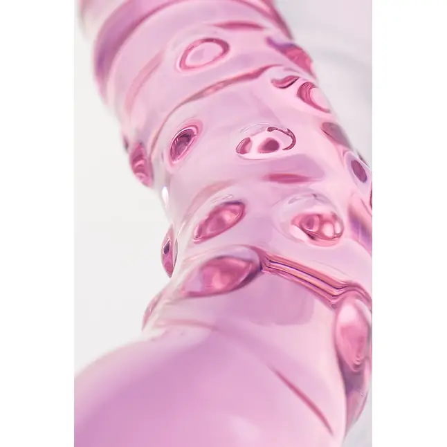 Двусторонний розовый фаллос с рёбрами и точками - 20,5 см - Sexus Glass. Фотография 6.