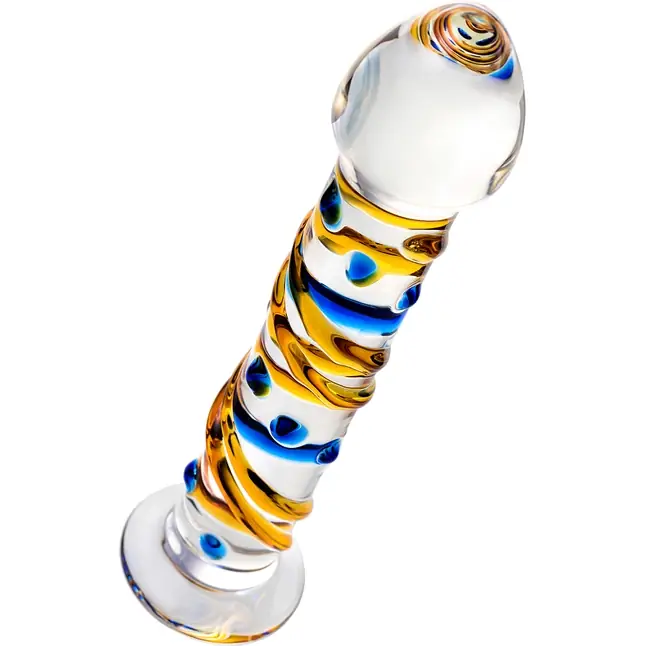 Стеклянный фаллос на подставке с цветными спиралями - 17,5 см - Sexus Glass. Фотография 3.