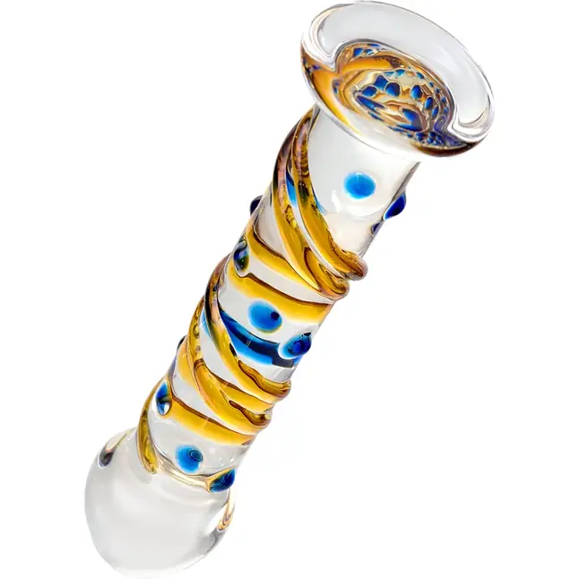 Стеклянный фаллос на подставке с цветными спиралями - 17,5 см - Sexus Glass. Фотография 4.