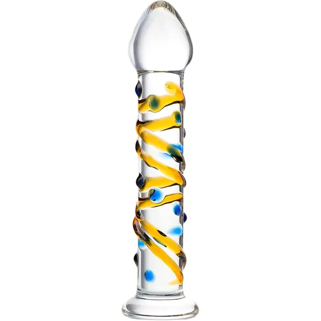 Стеклянный фаллос на подставке с цветными спиралями - 17,5 см - Sexus Glass