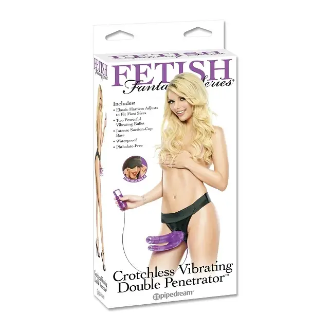 Фиолетовый двойной страпон с вибрацией Double Penetrator Vibe Strap-On - 19 см - Fetish Fantasy Series. Фотография 3.
