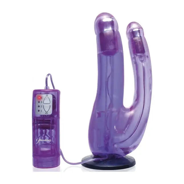 Фиолетовый двойной страпон с вибрацией Double Penetrator Vibe Strap-On - 19 см - Fetish Fantasy Series
