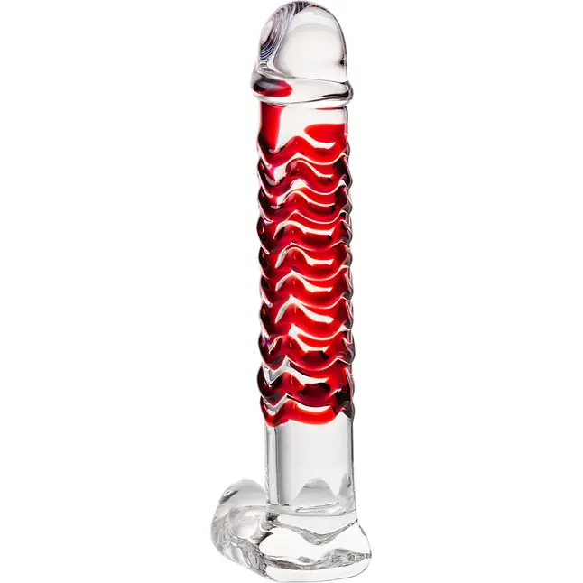 Стеклянный фаллос с мошонкой и рёбрышками - 16 см - Sexus Glass. Фотография 5.