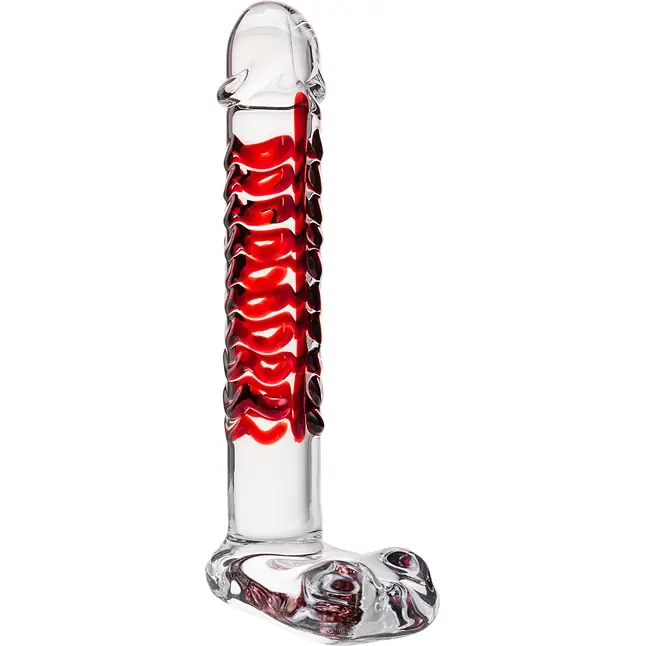 Стеклянный фаллос с мошонкой и рёбрышками - 16 см - Sexus Glass