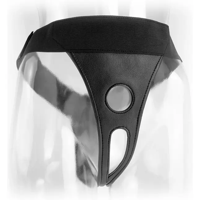 Черные виниловые женские трусики для страпона Crotchless Harness - Fetish Fantasy Harness Collection. Фотография 2.