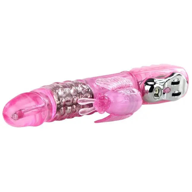 Розовый вибратор-ротатор Butterfly с клиторальной бабочкой - 25,5 см. Фотография 3.