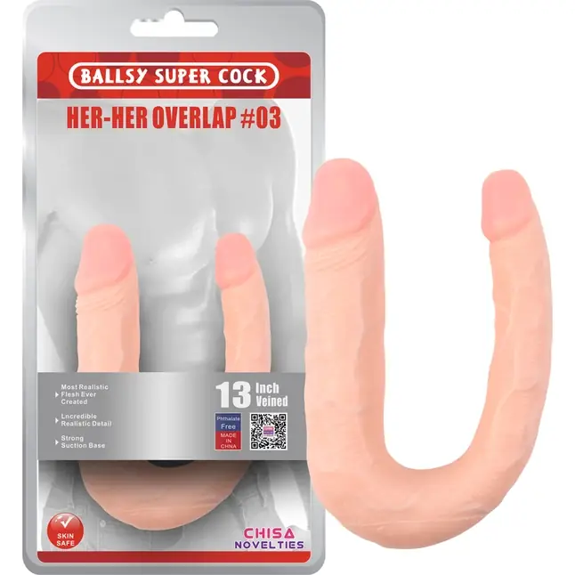 Телесный двухсторонний фаллоимитатор Overlap - 33 см - Ballsy Super Cock. Фотография 2.