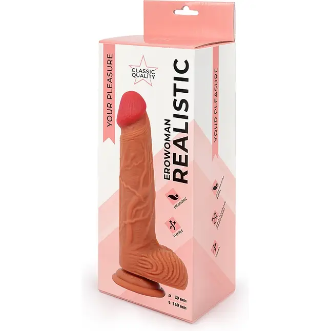 Реалистичный фаллоимитатор Erowoman телесного цвета с мошонкой - EROWOMAN REALISTIC. Фотография 5.