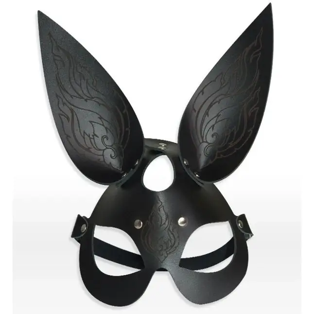 Чёрная кожаная маска с длинными ушками и эффектом тату - BDSM accessories