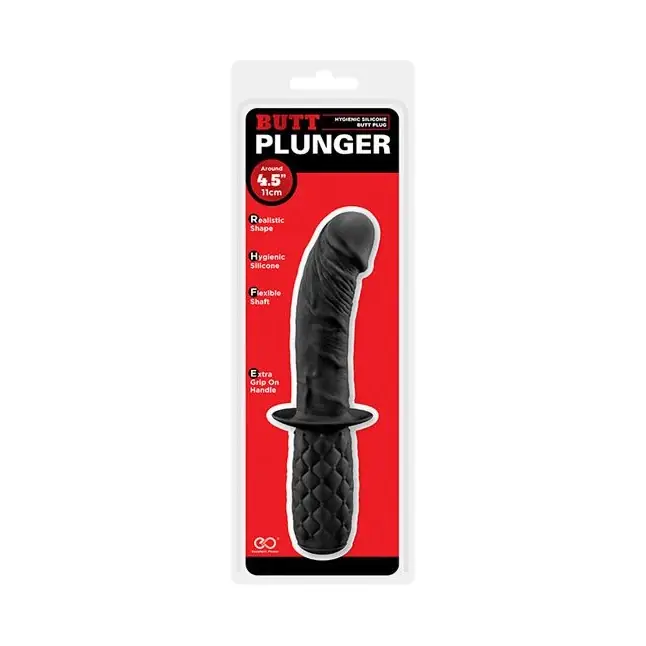 Черный изогнутый анальный фаллоимитатор BUTT PLUNGER с ручкой-ограничителем. Фотография 2.
