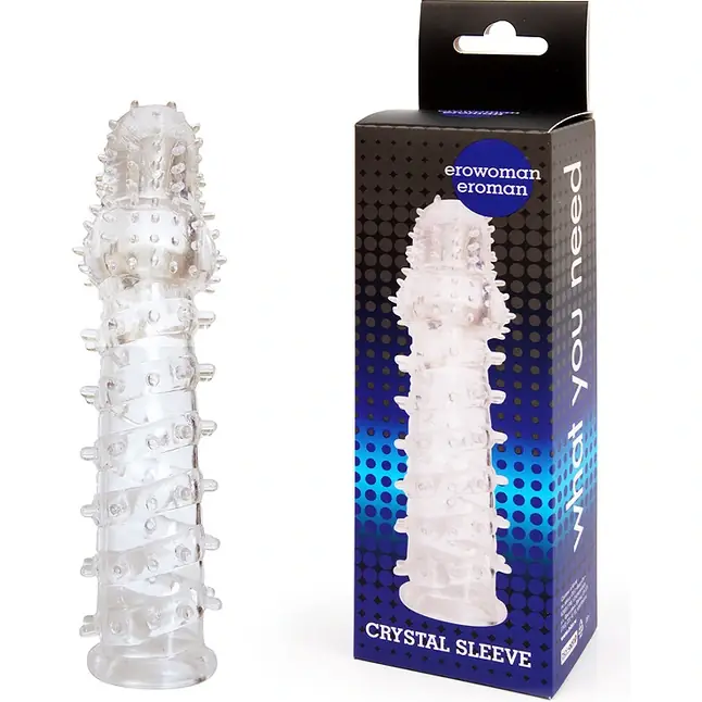 Закрытая прозрачная рельефная насадка с шипиками Crystal sleeve - 13,5 см - EROWOMAN-EROMAN. Фотография 2.